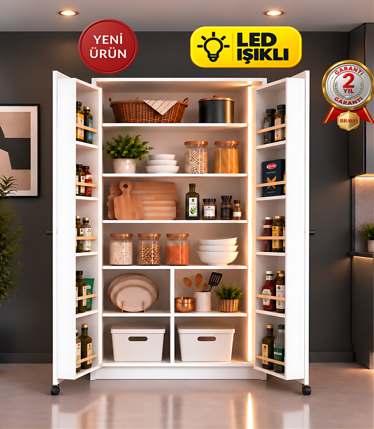 LED Işıklı Çift Kapılı Kiler & Mutfak Dolabı – Ceviz/Beyaz