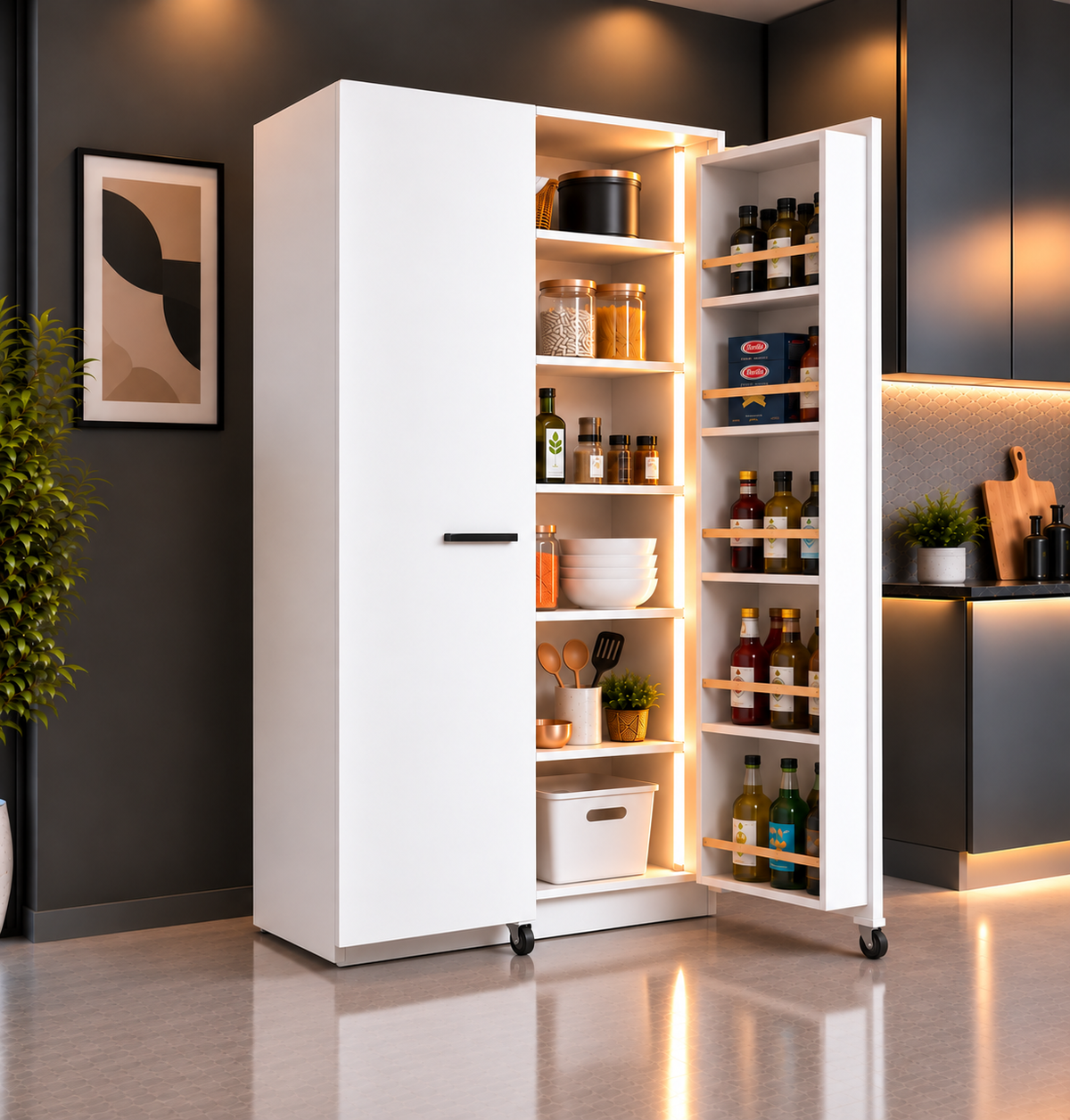 LED Işıklı Çift Kapılı Kiler & Mutfak Dolabı – Ceviz/Beyaz