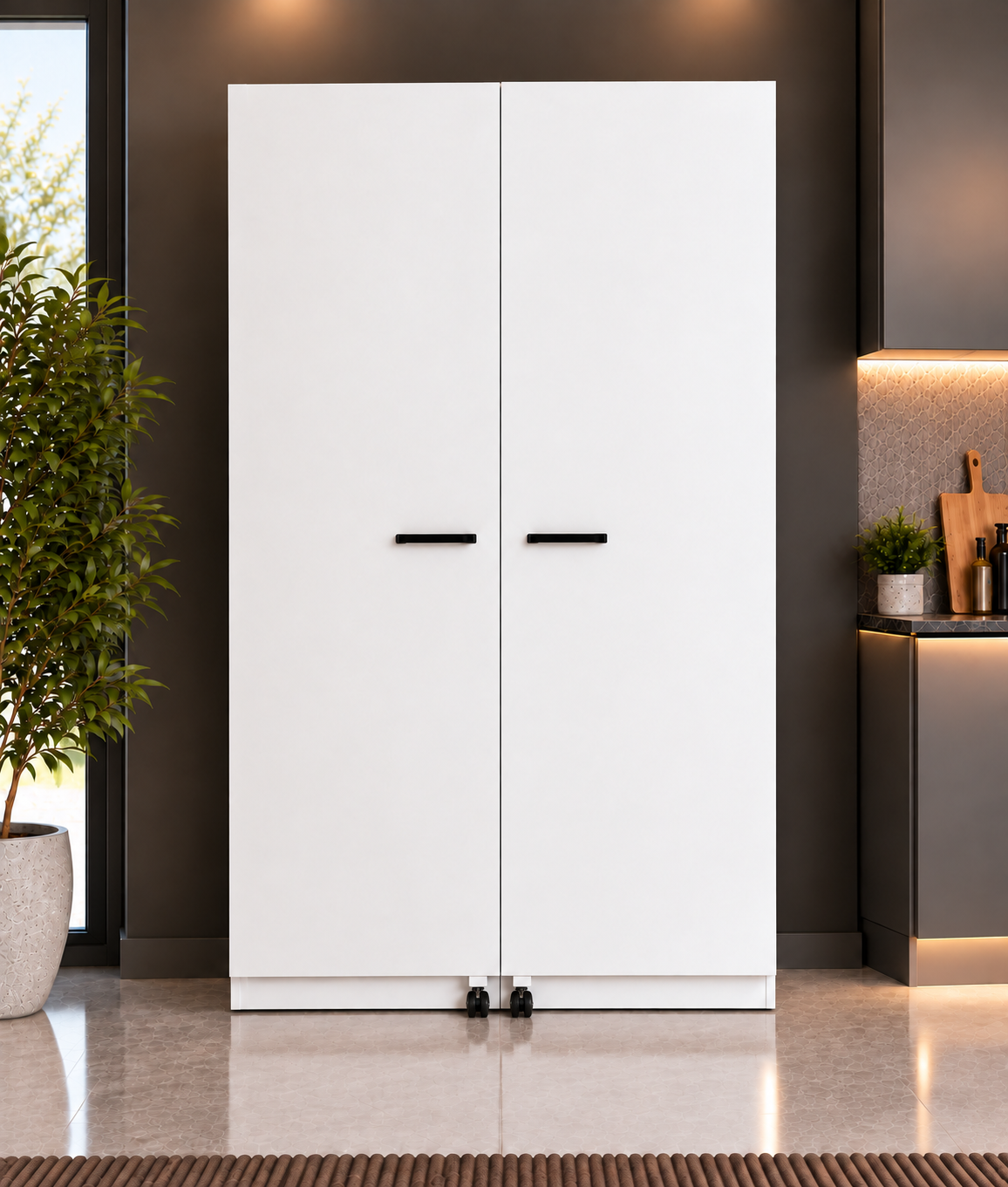 LED Işıklı Çift Kapılı Kiler & Mutfak Dolabı – Ceviz/Beyaz